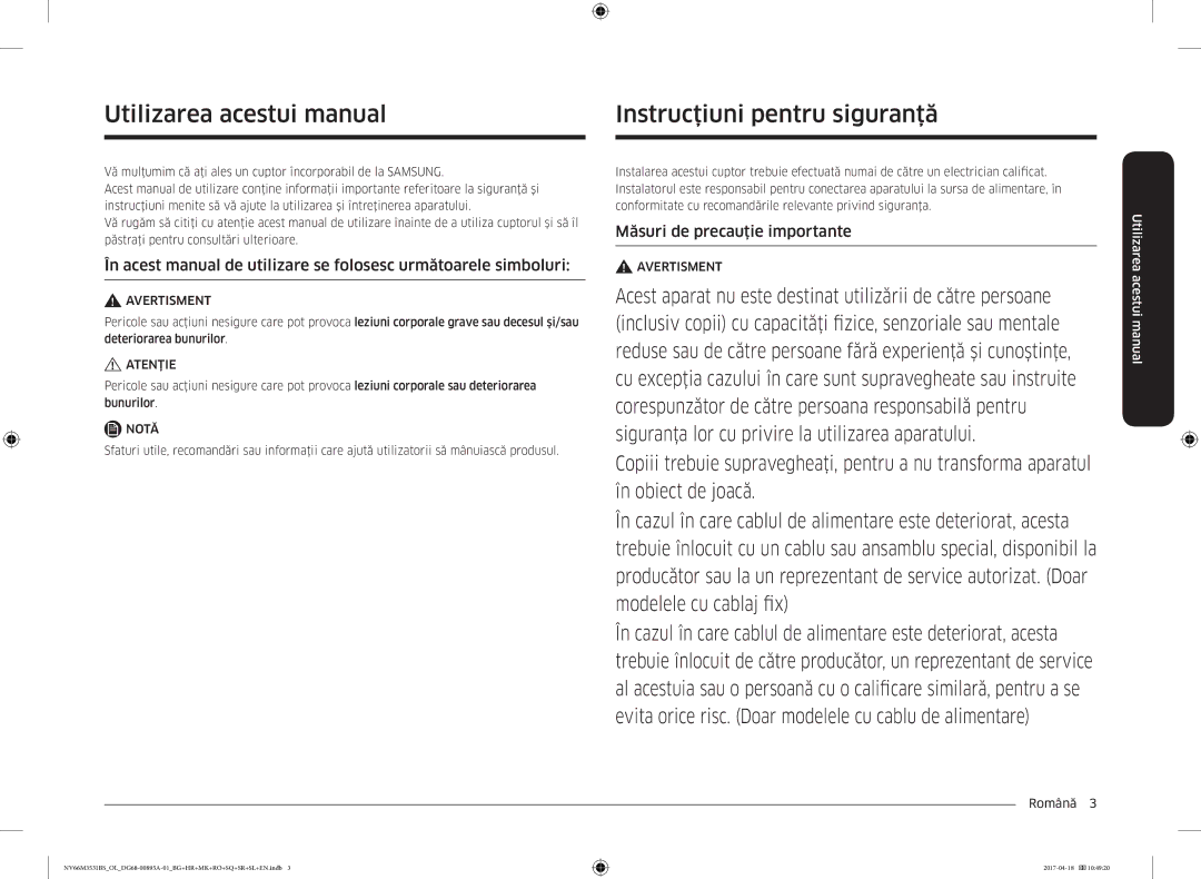 Samsung NV66M3531BS/EO Instrucţiuni pentru siguranţă, Utilizarea acestui manual, Măsuri de precauţie importante, Română  